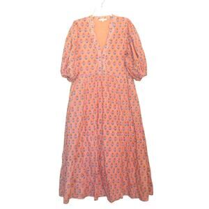 Marea by Liz Joy Collette Coral Multi Puff Sleeve Lined Cotton Dress Pockets L